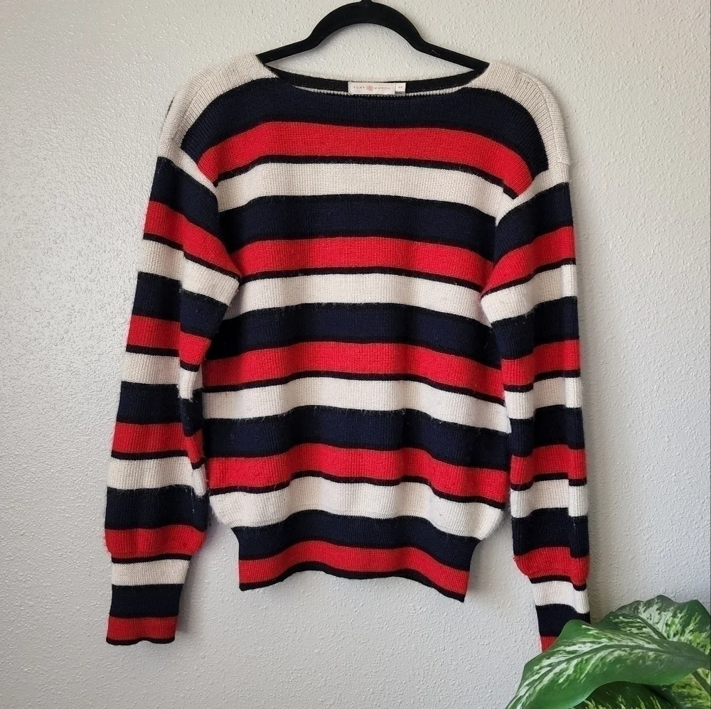 Tory Burch Baby Alpaca Knit Austrie Striped Navy Red Pullover Sweater Preppy S